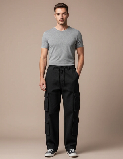 Pantalon Cargo Noir Ample Multipoches Coton Homme - Toile