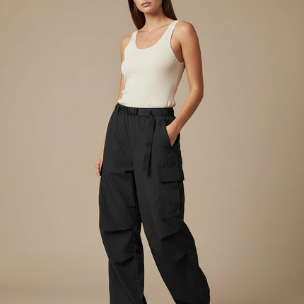 Pantalon Cargo Noir Fluide Ample Nylon Femme - Polyester