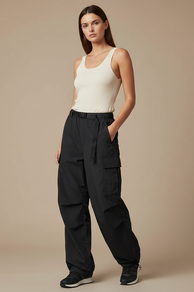 Pantalon Cargo Noir Fluide Ample Nylon Femme - Polyester