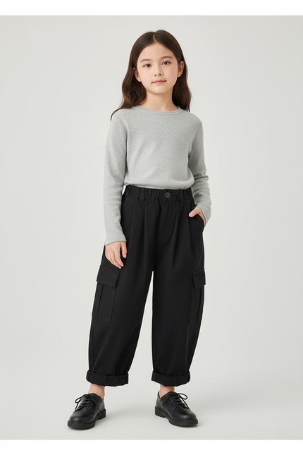 Pantalon Cargo Noir Ample Coton Multipoches Enfant