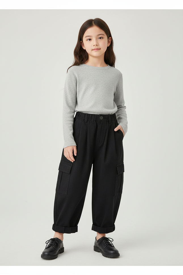 Pantalon Cargo Noir Ample Coton Multipoches Enfant