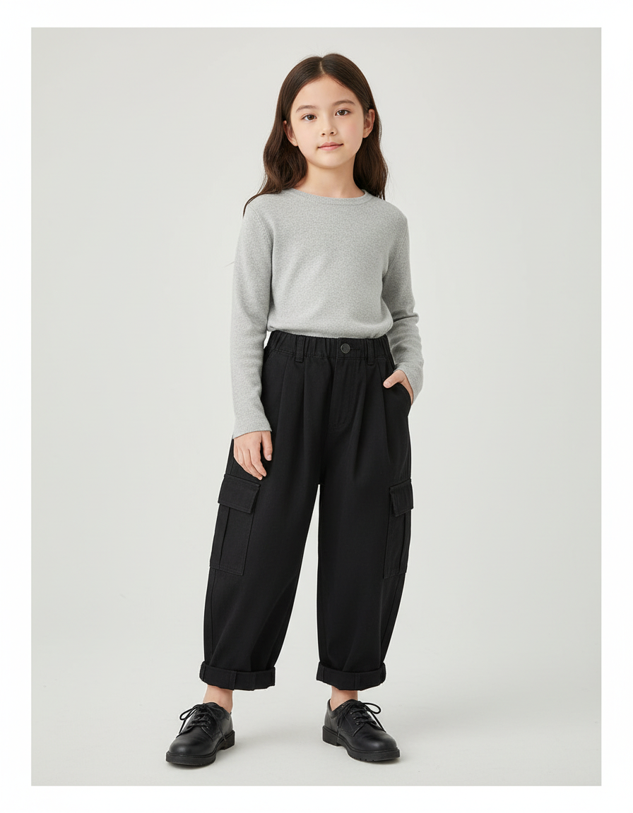 Pantalon Cargo Noir Ample Coton Multipoches Enfant