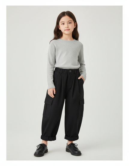 Pantalon Cargo Noir Ample Coton Multipoches Enfant