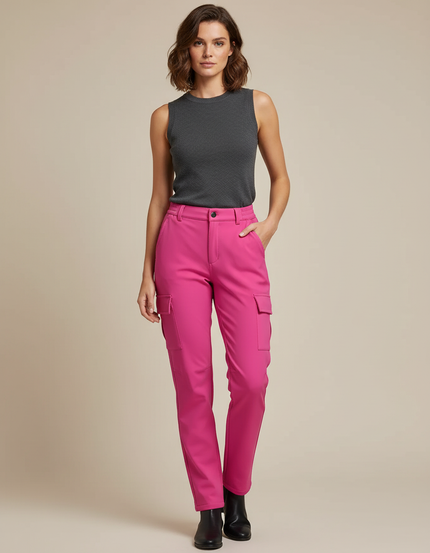 Pantalon Cargo Rose Fuchsia Coupe Droite Multi-Poches - Polyester