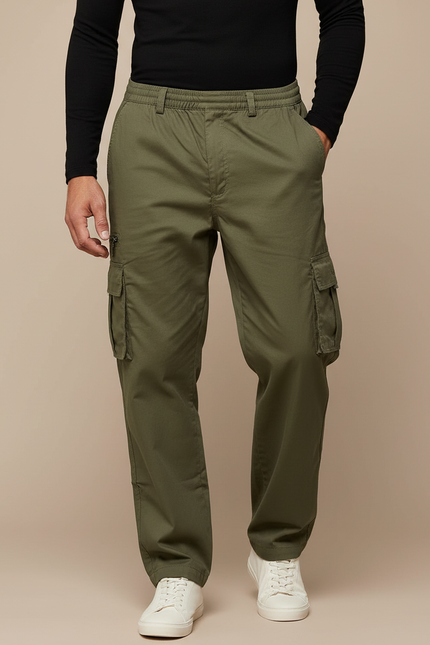 Pantalon Cargo Taille Élastiquée Homme - Kaki Toile