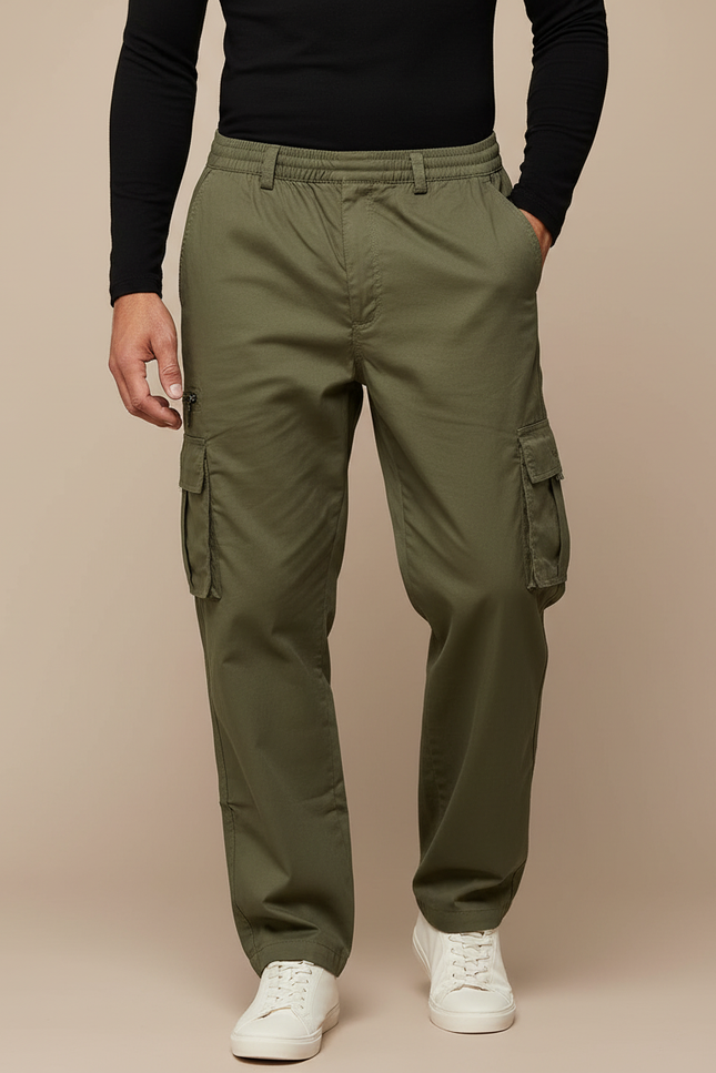 Pantalon Cargo Taille Élastiquée Homme - Kaki Toile