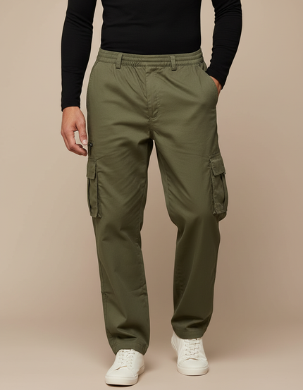 Pantalon Cargo Taille Élastiquée Homme - Kaki Toile