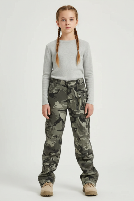 Pantalon Cargo Camouflage Ample Multipoches Enfant - Kaki Toile