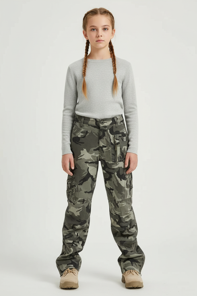 Pantalon Cargo Camouflage Ample Multipoches Enfant - Kaki Toile
