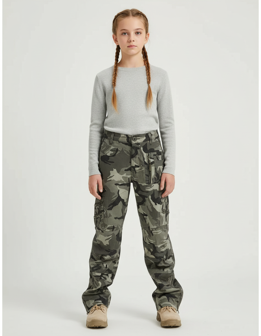 Pantalon Cargo Camouflage Ample Multipoches Enfant - Kaki Toile