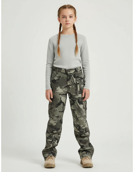 Pantalon Cargo Camouflage Ample Multipoches Enfant - Kaki Toile