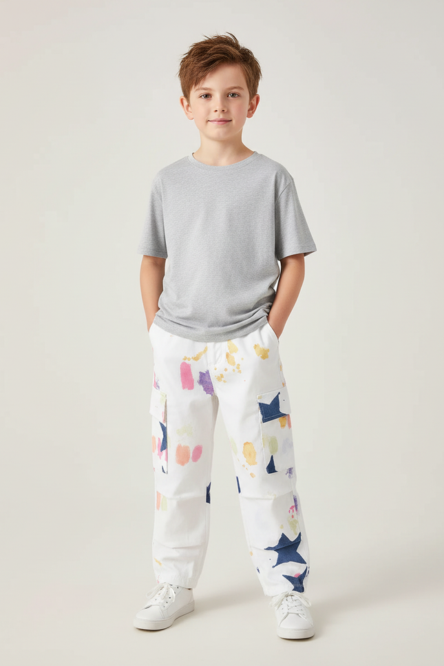 Pantalon Cargo Blanc Imprimé Étoiles Coloré Garçon Décontracté