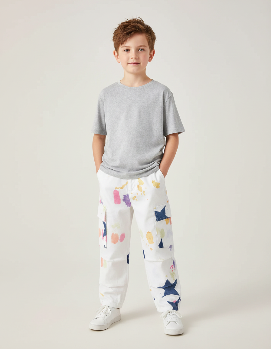 Pantalon Cargo Blanc Imprimé Étoiles Coloré Garçon Décontracté