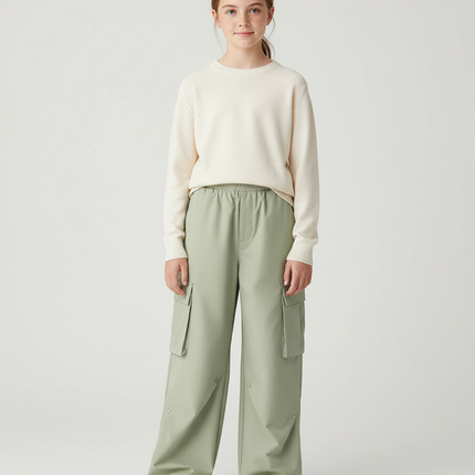 Pantalon Cargo Vert Sauge Ample Élastique Multipoches Enfant - Polyester