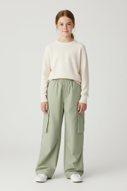 Pantalon Cargo Vert Sauge Ample Élastique Multipoches Enfant - Polyester