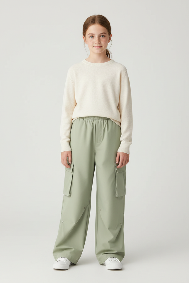 Pantalon Cargo Vert Sauge Ample Élastique Multipoches Enfant - Polyester