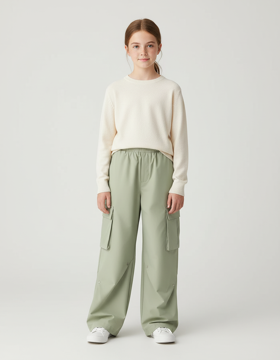 Pantalon Cargo Vert Sauge Ample Élastique Multipoches Enfant - Polyester