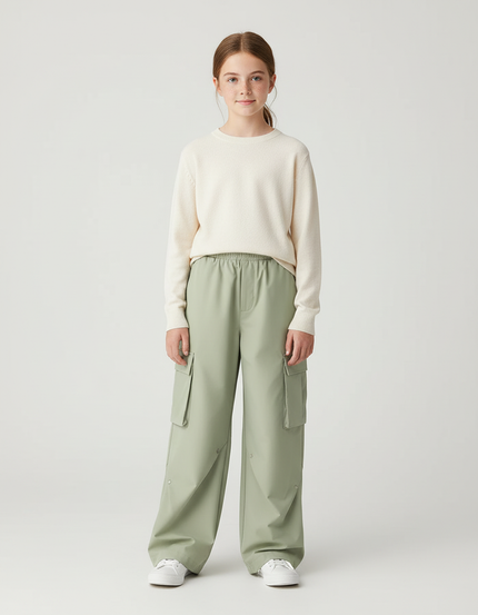 Pantalon Cargo Vert Sauge Ample Élastique Multipoches Enfant - Polyester