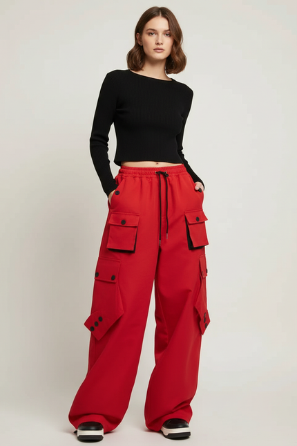 Pantalon Cargo Rouge Ample Multipoches Streetwear Femme - Toile