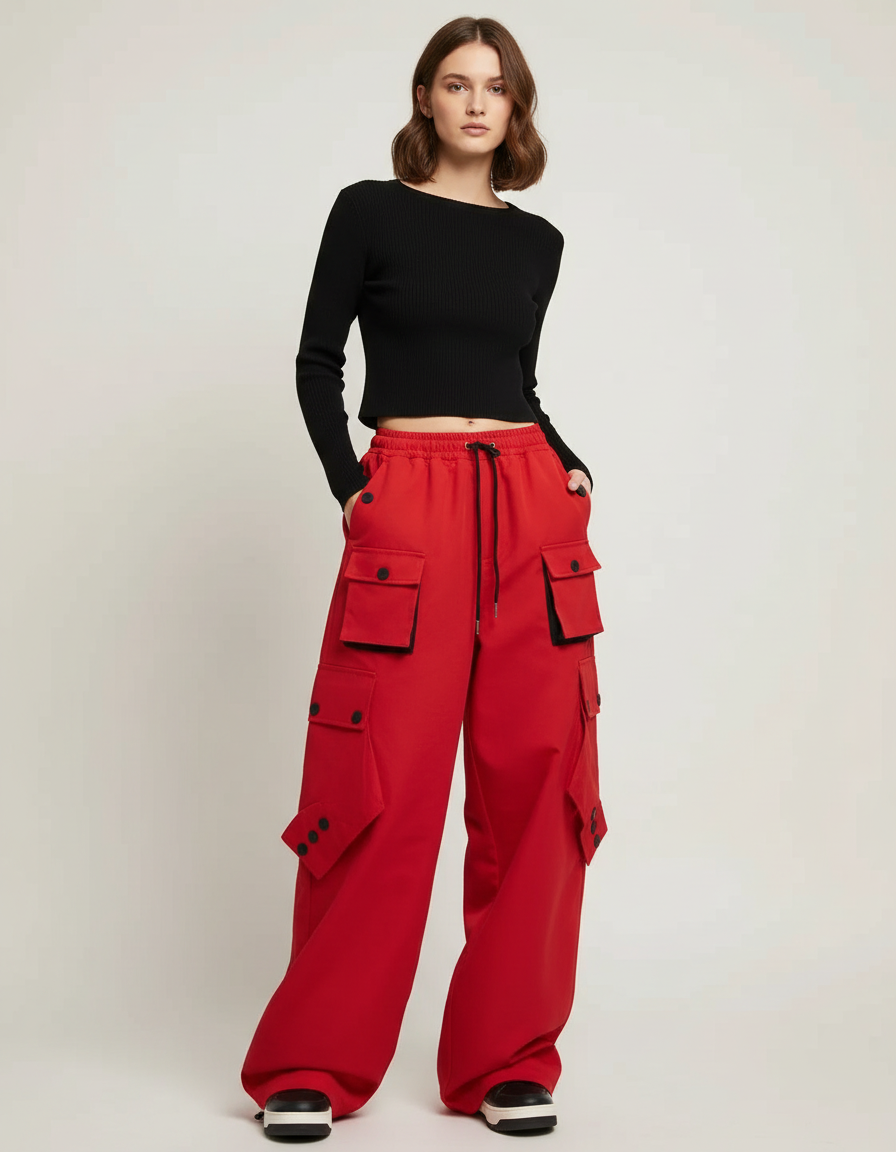 Pantalon Cargo Rouge Ample Multipoches Streetwear Femme - Toile