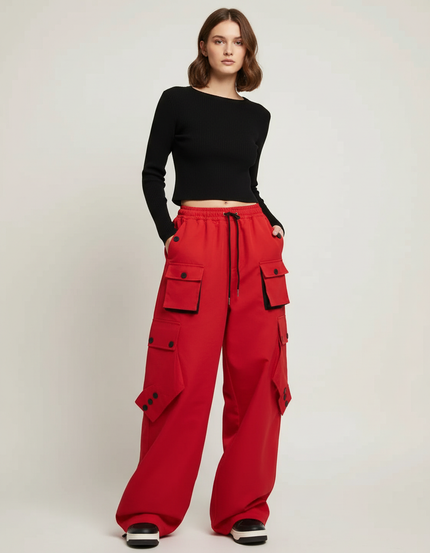 Pantalon Cargo Rouge Ample Multipoches Streetwear Femme - Toile