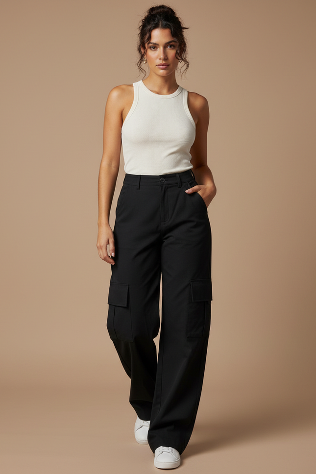 Pantalon Cargo Noir Ample Taille Haute Décontracté Femme - Polyester