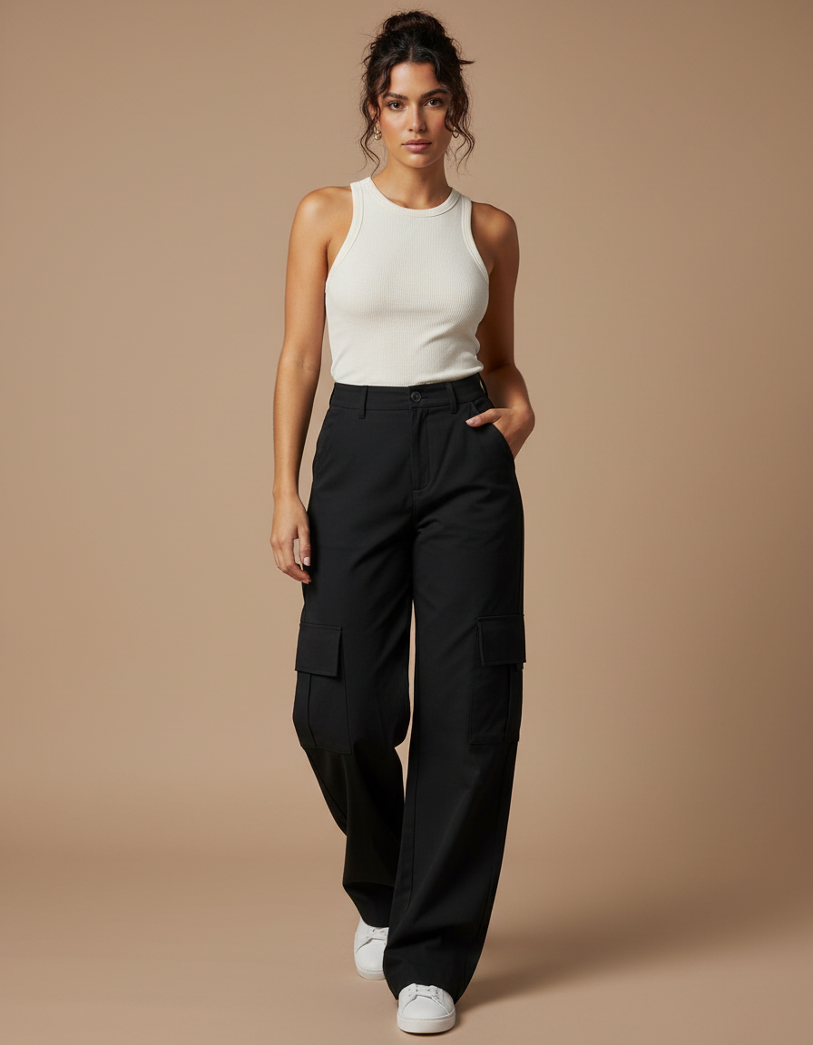Pantalon Cargo Noir Ample Taille Haute Décontracté Femme - Polyester