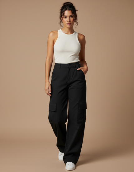 Pantalon Cargo Noir Ample Taille Haute Décontracté Femme - Polyester