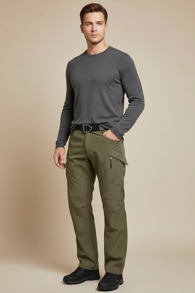 Pantalon Cargo Vert Militaire Zippé Multi-Poches Homme - Kaki Polyester