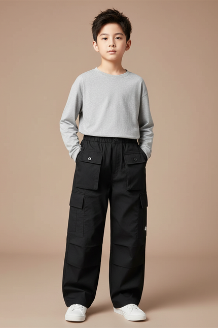Pantalon Cargo Noir Ample Garçon Décontracté Multipoches - Toile
