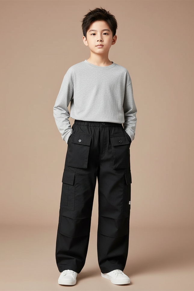 Pantalon Cargo Noir Ample Garçon Décontracté Multipoches - Toile