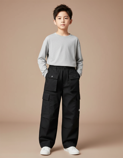 Pantalon Cargo Noir Ample Garçon Décontracté Multipoches - Toile