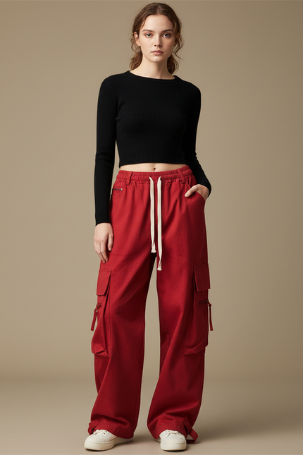 Pantalon Cargo Rouge Ample Multi-Poches Femme Hip Hop - Toile