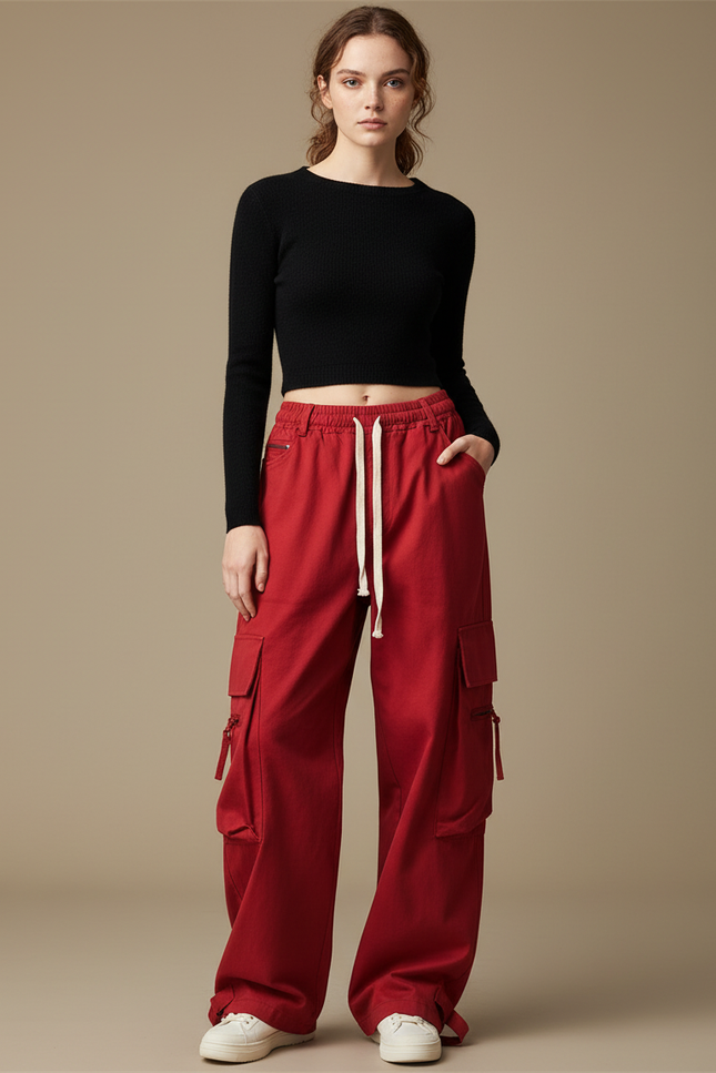 Pantalon Cargo Rouge Ample Multi-Poches Femme Hip Hop - Toile