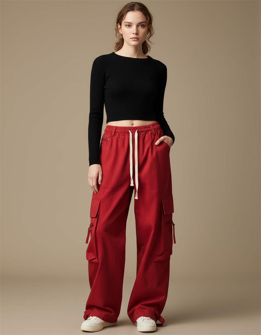 Pantalon Cargo Rouge Ample Multi-Poches Femme Hip Hop - Toile