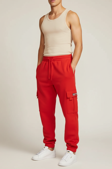 Pantalon Cargo Rouge Molletonné Multipoches Décontracté Homme