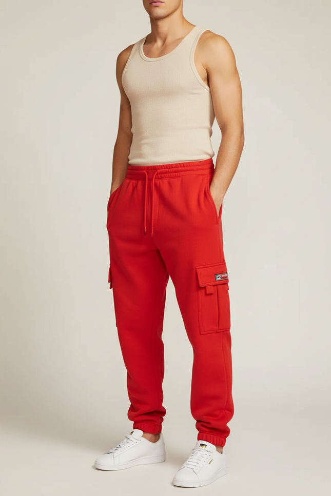 Pantalon Cargo Rouge Molletonné Multipoches Décontracté Homme