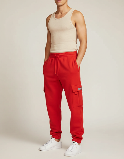 Pantalon Cargo Rouge Molletonné Multipoches Décontracté Homme