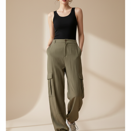 Pantalon Cargo Vert Ample Fluide Décontracté Femme - Kaki Viscose