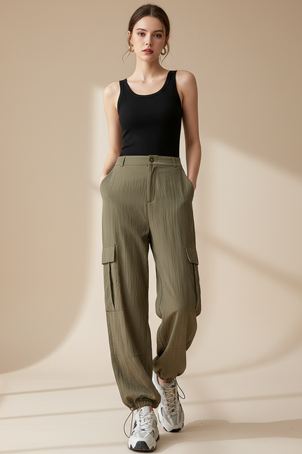 Pantalon Cargo Vert Ample Fluide Décontracté Femme - Kaki Viscose