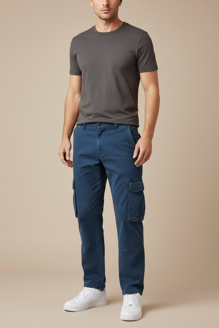 Pantalon Cargo Bleu Marine Décontracté Coton Multipoches Homme