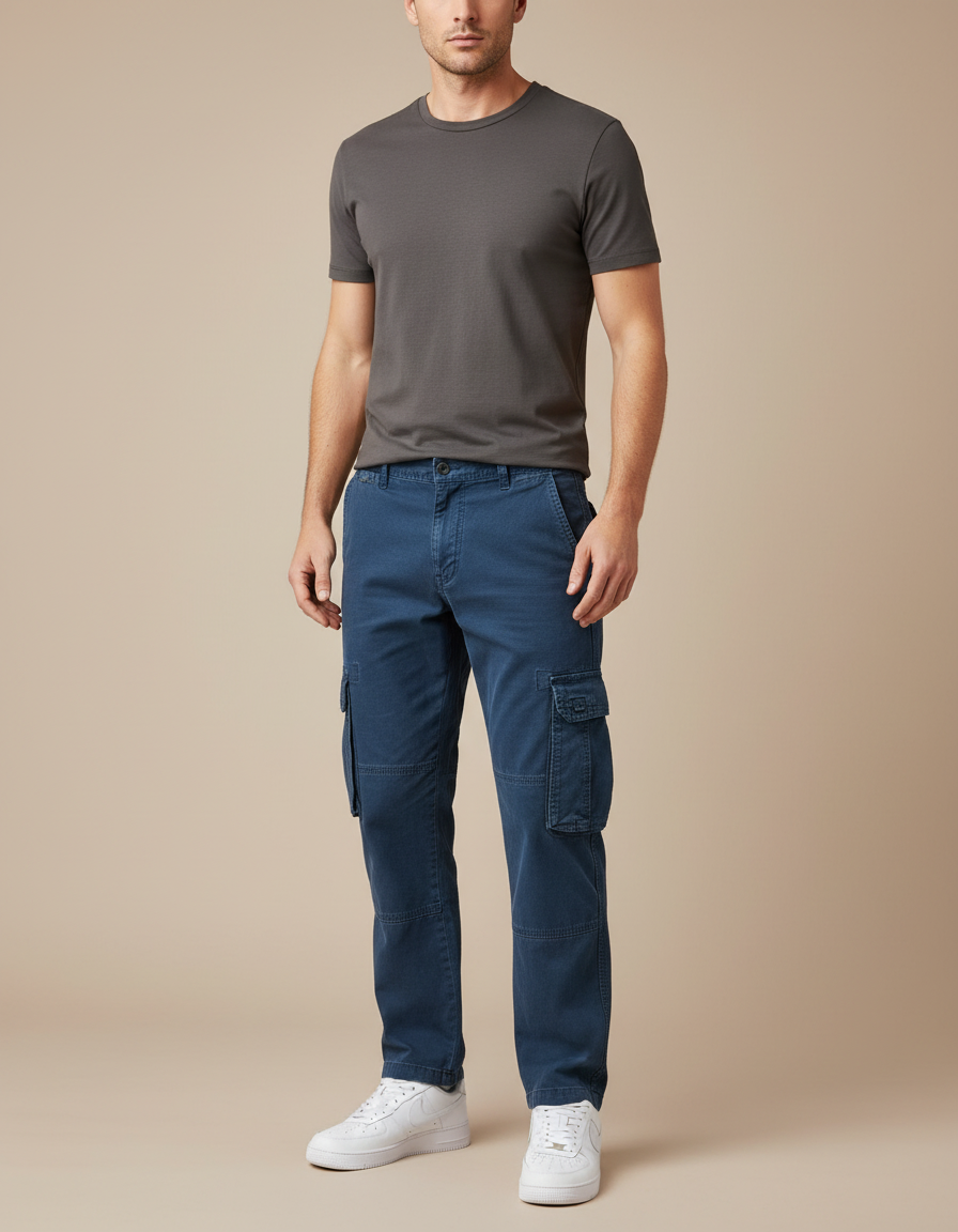 Pantalon Cargo Bleu Marine Décontracté Coton Multipoches Homme