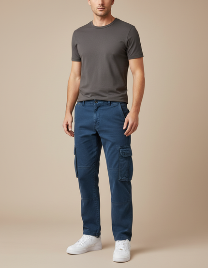 Pantalon Cargo Bleu Marine Décontracté Coton Multipoches Homme