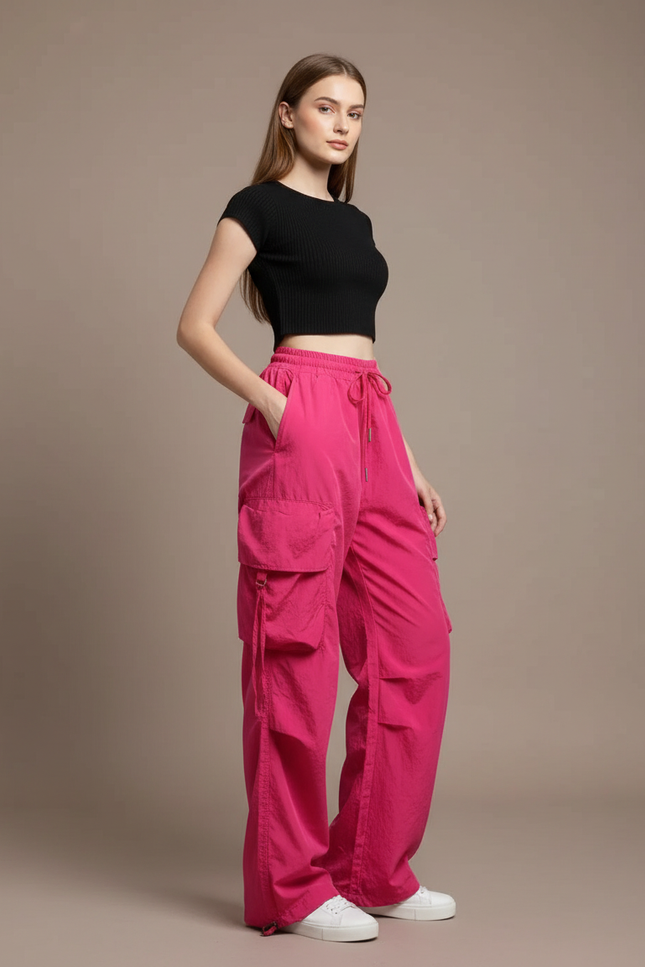Pantalon Cargo Rose Fuchsia Ample Fluide Multipoches Femme - Polyester