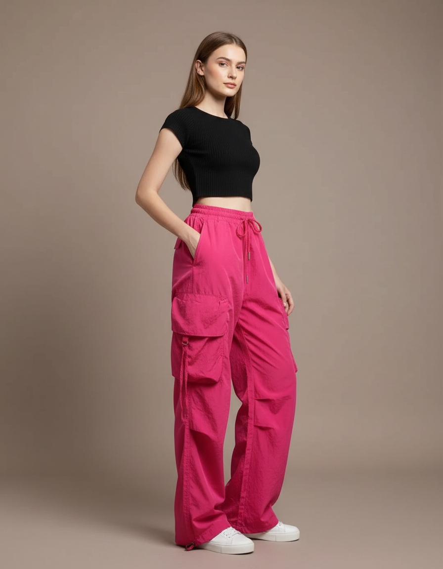 Pantalon Cargo Rose Fuchsia Ample Fluide Multipoches Femme - Polyester