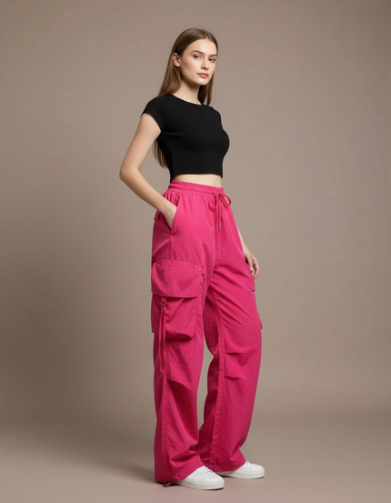 Pantalon Cargo Rose Fuchsia Ample Fluide Multipoches Femme - Polyester