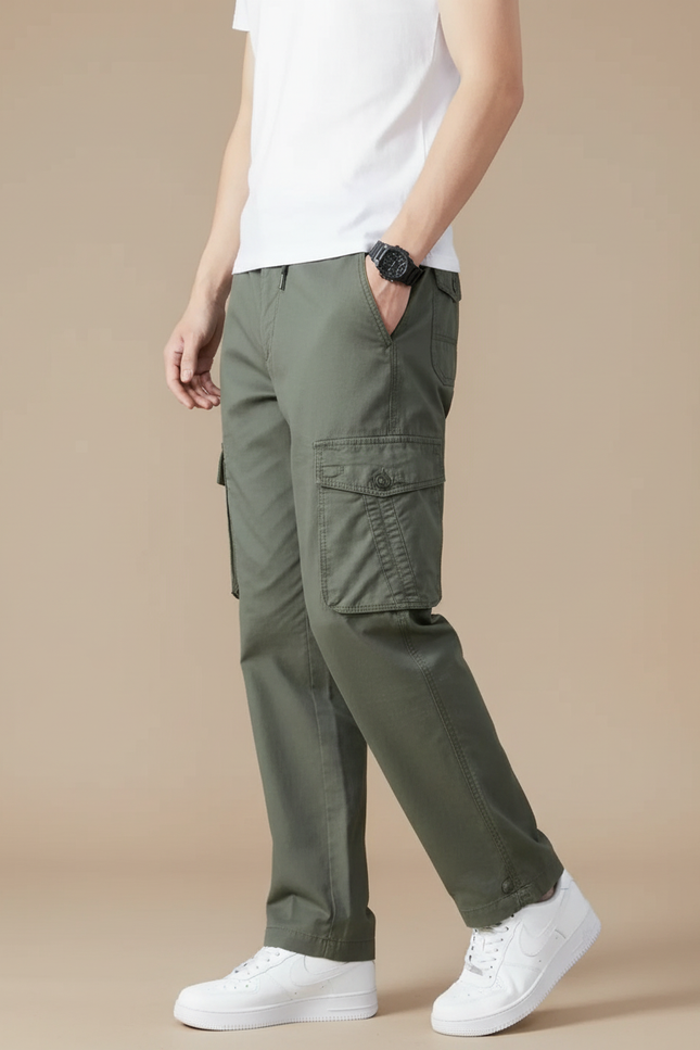 Pantalon Cargo Vert Olive Coton Ample Multipoches - Kaki Toile