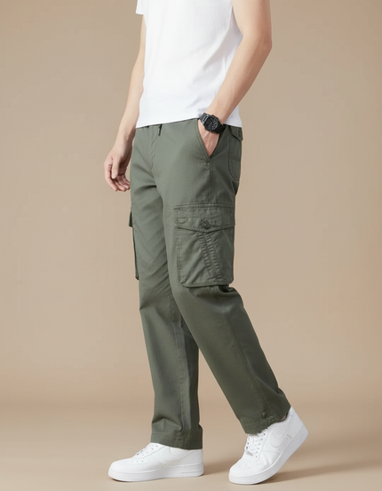 Pantalon Cargo Vert Olive Coton Ample Multipoches - Kaki Toile