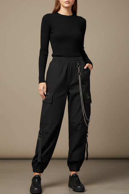 Pantalon Cargo Noir Chaînes Streetwear Femme - Polyester