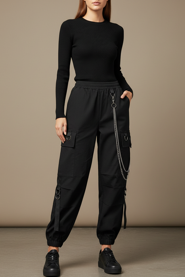 Pantalon Cargo Noir Chaînes Streetwear Femme - Polyester